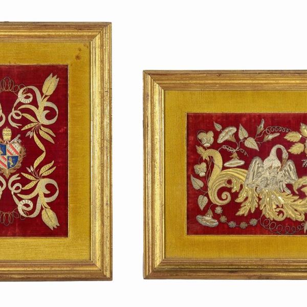 Pair of antique embroidered fabrics "Coat of arms of Pope Pius IX Mastai Ferretti" and "Swan with flowers", different shapes and sizes