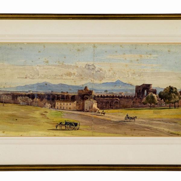 Scuola Romana Fine XIX Secolo - "Lazio countryside with Roman aqueduct and peasants with horses and carts", small watercolor on paper