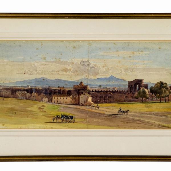 Scuola Romana Fine XIX Secolo - "Campagna laziale con acquedotto romano e contadini con cavalli e carretti", piccolo acquarello su carta