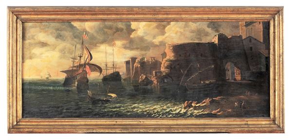 Antonio Maria Marini - Bottega di. "Marina con paesaggio costiero, porto e velieri", dipinto ad olio su tela