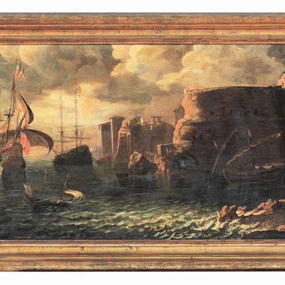 Bottega di. "Marina con paesaggio costiero, porto e velieri", dipinto ad olio su tela