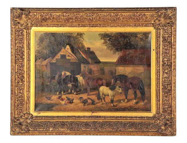 John Frederick II Herring - Signed. "Horses outside the stable with chickens scratching around", oil painting on canvas