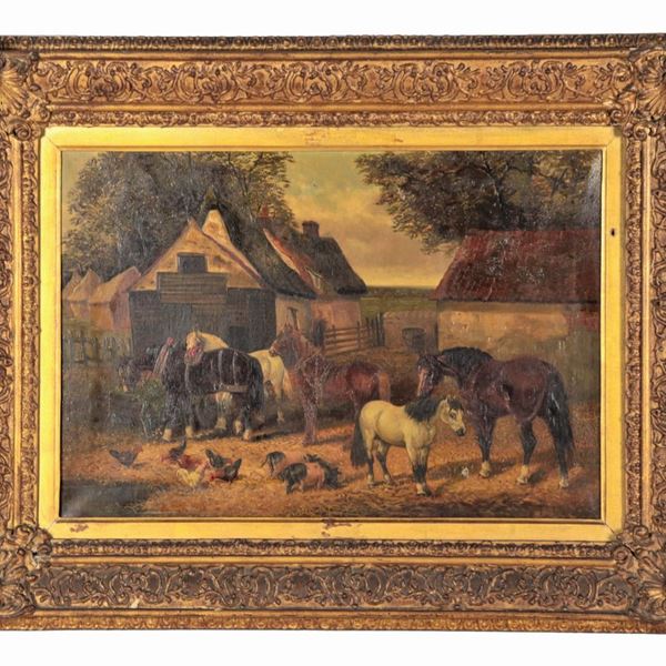 John Frederick II Herring - Signed. "Horses outside the stable with chickens scratching around", oil painting on canvas