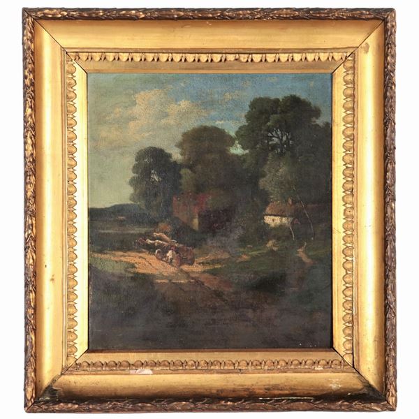 Scuola Inglese XIX Secolo - "Paesaggio campestre con case e contadino con carretto", dipinto ad olio su tela