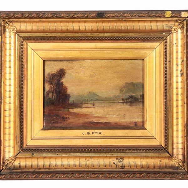 Baker James Pyne - "Paesaggio con fiume, bosco e montagne", piccolo dipinto ad olio su tavoletta