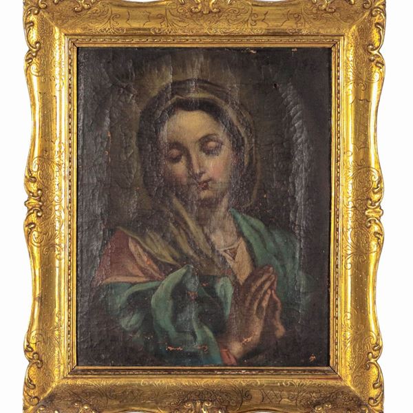 Scuola Romana XVIII Secolo - "Madonna in prayer", small oil painting on canvas applied to cardboard