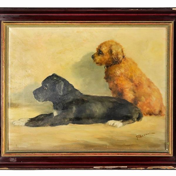 Giuseppe Cecconi - Firmato. "Cagnolini", dipinto ad olio su tela