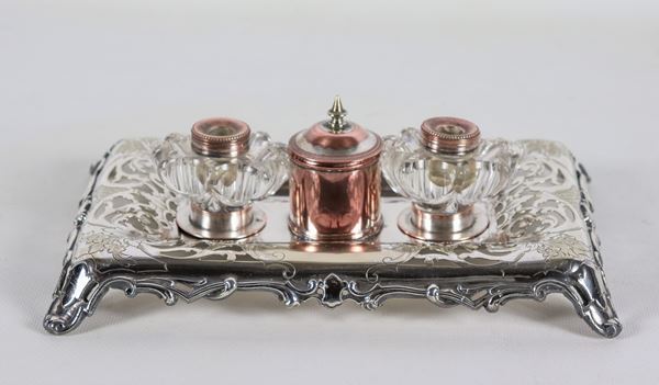 Antique German inkwell in silvered metal, embossed and chiselled, with two ink bottles missing caps and powder holder