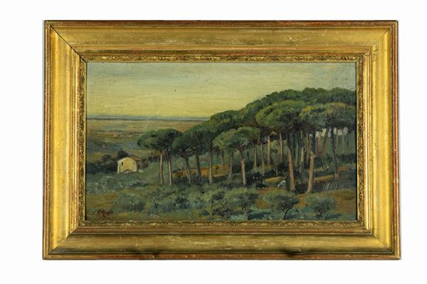 Giuseppe Raggio - &quot;View of pine forest with herds in Castelgandolfo&quot;. Signed.