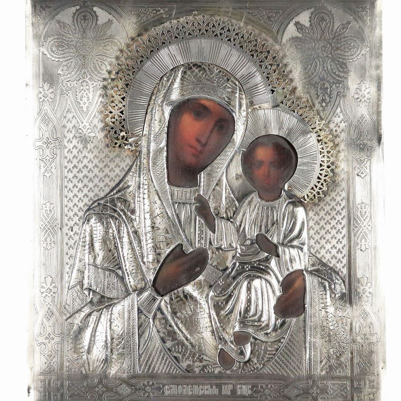 "Madre di Dio di Iver", icona dipinta su tavola con rizza in argento sbalzato e cesellato