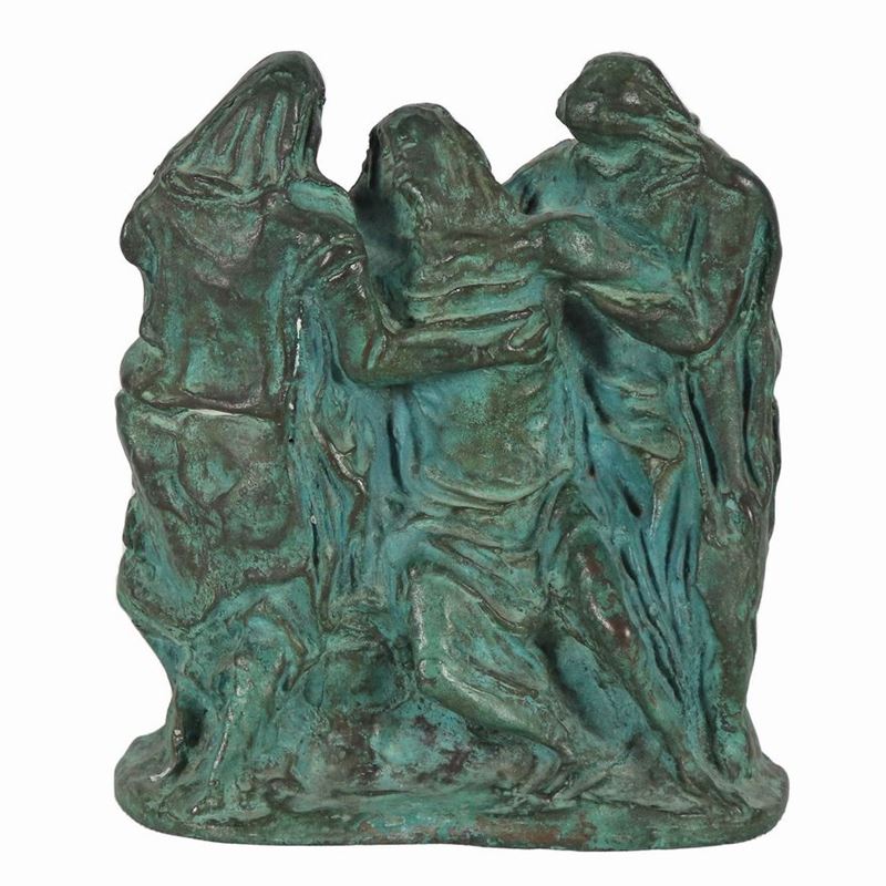 Firmata. "La Deposizione", scultura in bronzo patinato