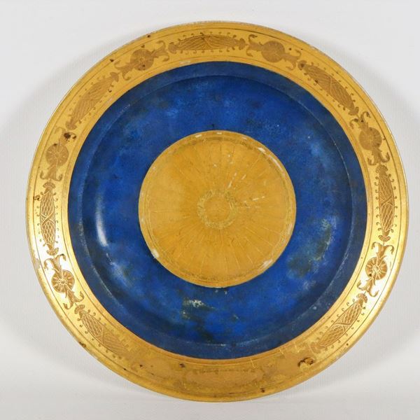 Wall plate in French blue porcelain and pure gold, with Empire motif decorations