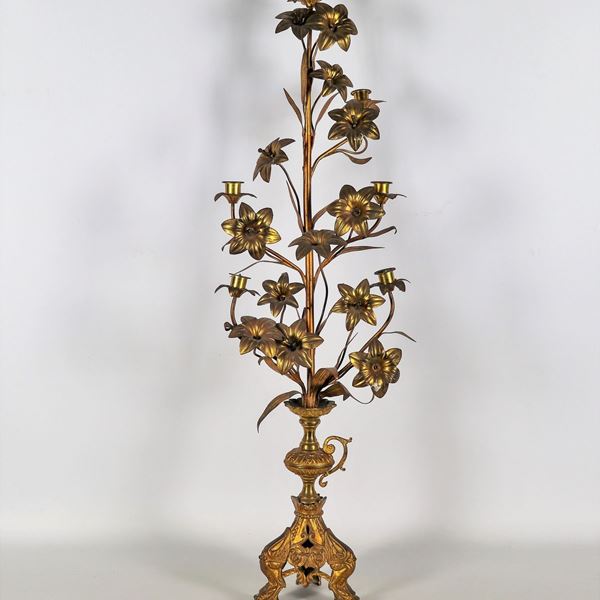 Antico candelabro dorato in bronzo e rame, 6 fiamme