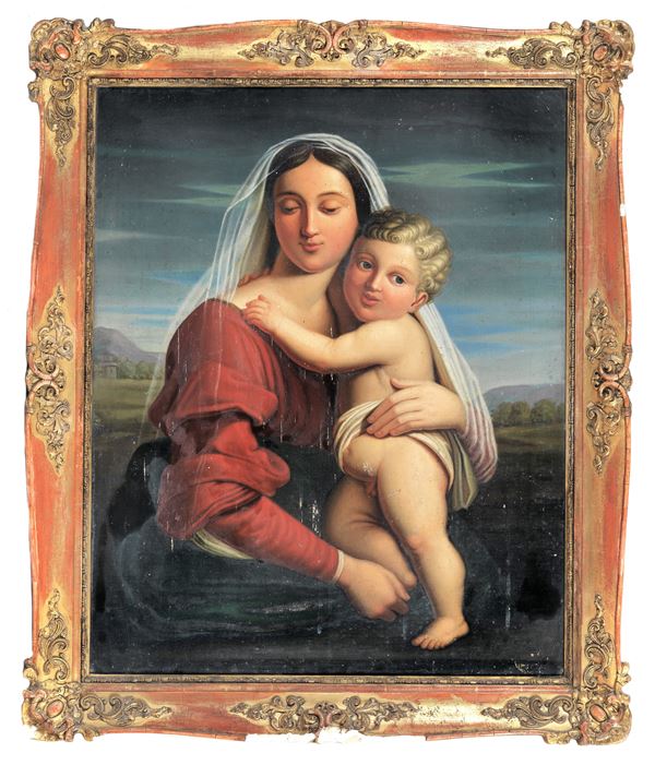 Scuola Toscana Inizio XIX Secolo - "Madonna con Bambino", dipinto ad olio su tela