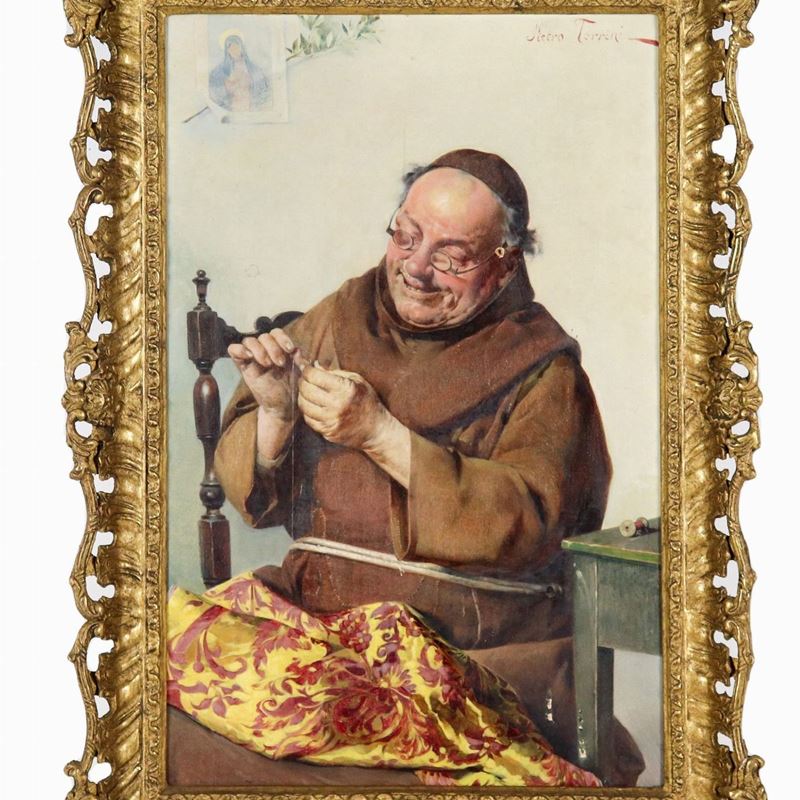 Firmato. "Il rammendo del Frate", luminoso dipinto ad olio su tela
