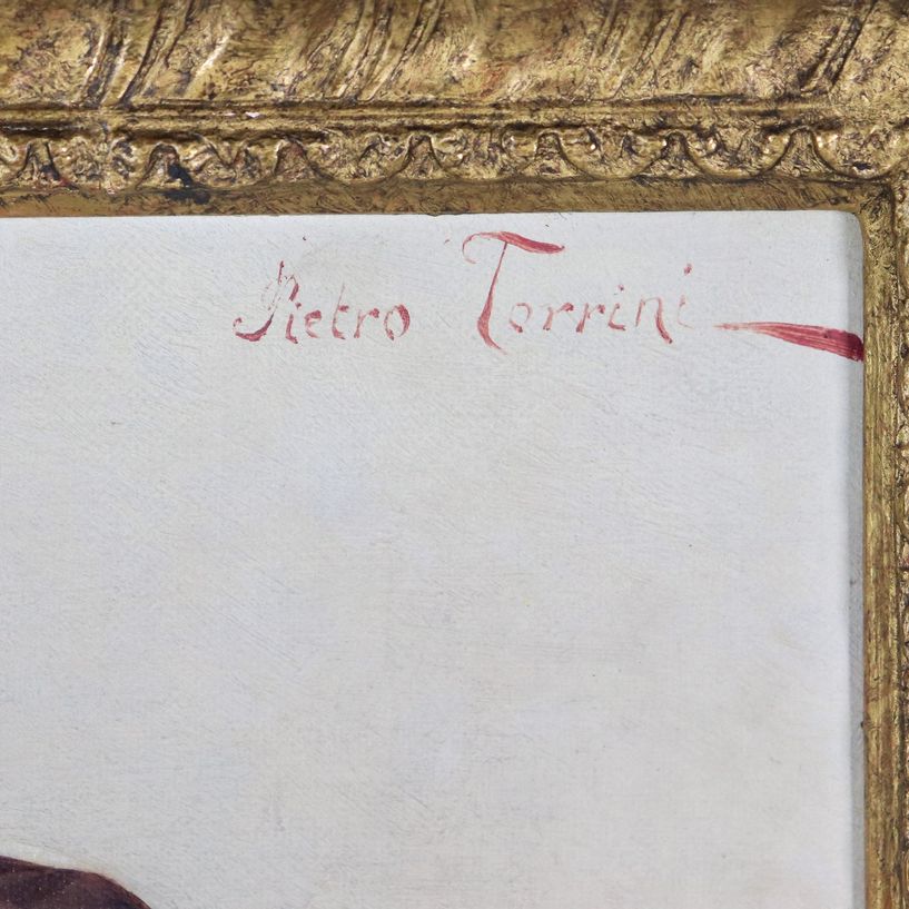 Firmato. "Il rammendo del Frate", luminoso dipinto ad olio su tela