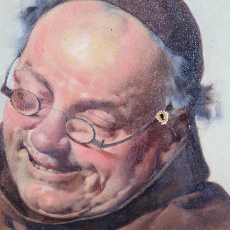 Firmato. "Il rammendo del Frate", luminoso dipinto ad olio su tela