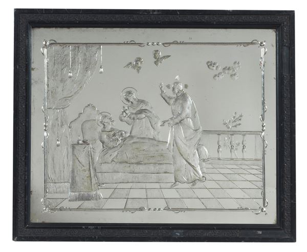 "The Death of St. Joseph", engraved and silvered mirror glass in an ebonized wooden frame