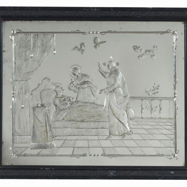 "The Death of St. Joseph", engraved and silvered mirror glass in an ebonized wooden frame