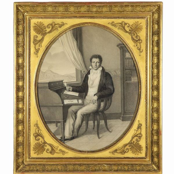 Pittore Italiano Primo Impero - "Interno di studio con nobiluomo allo scrittoio e Vesuvio sullo sfondo", disegno a matita su carta
