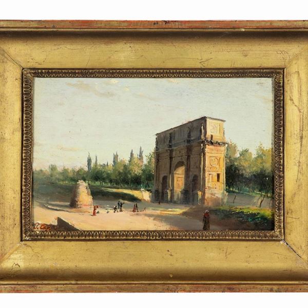 Scuola Italiana XIX Secolo - Firmato. "Veduta dell'Arco di Costantino con la Meta Sudans e personaggi", piccolo dipinto ad olio su tavoletta
