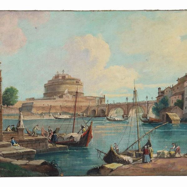 Scuola Italiana Fine XIX Secolo - "Veduta di Castel Sant'Angelo con il Tevere e barche con pescatori", luminoso dipinto ad olio su tela