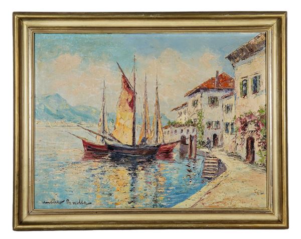 Pittore Italiano Post-Impressionista - Firmato. "Veduta di lago con case e approdo delle barche", dipinto ad olio su tela