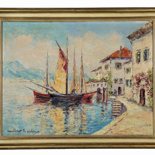 Pittore Italiano Post-Impressionista - Firmato. "Veduta di lago con case e approdo delle barche", dipinto ad olio su tela