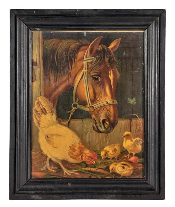 Scuola Italiana Fine XIX Secolo - "Cavallo con gallina e pulcini", piccolo dipinto ad olio su tela applicata a cartone