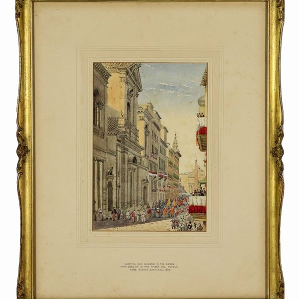 Scuola Inglese XIX Secolo - "Carnevale a Roma nel 1869 con veduta dell'Ospedale di San Giacomo in Via del Corso", piccolo acquarello su carta