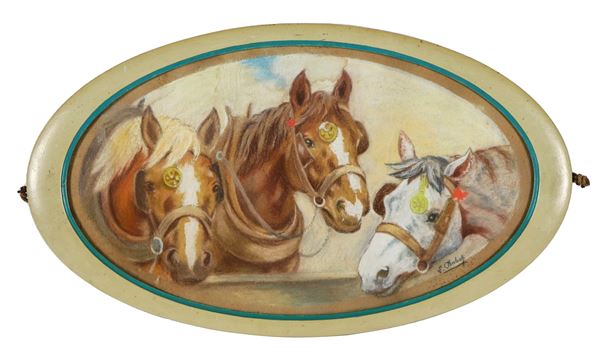 Pittore Francese Seconda Met&#224; XIX Secolo - Firmato. "Cavalli allo steccato", pastello ovale su cartone