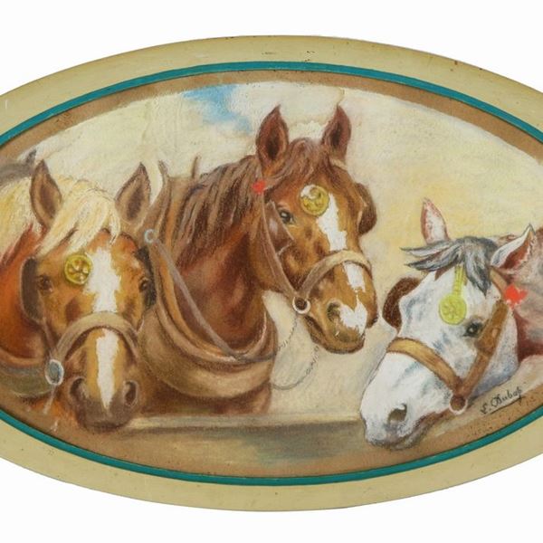 Pittore Francese Seconda Met&#224; XIX Secolo - Firmato. "Cavalli allo steccato", pastello ovale su cartone