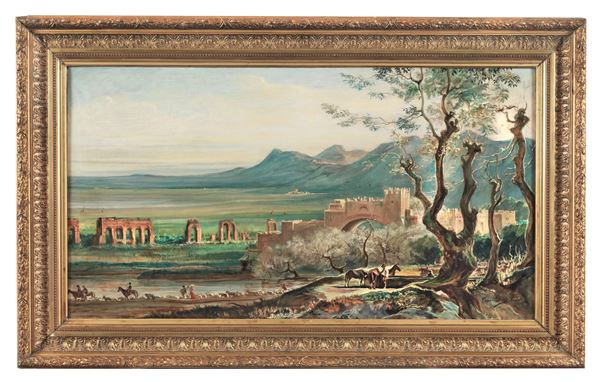 Cesare Dies - Signed lower right and dated 1897 on the back of the canvas. "View of the Roman countryside with the Lamentano bridge, shepherds with flocks of sheep and cowherds", oil painting on canvas