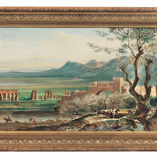 Cesare Dies - Signed lower right and dated 1897 on the back of the canvas. "View of the Roman countryside with the Lamentano bridge, shepherds with flocks of sheep and cowherds", oil painting on canvas