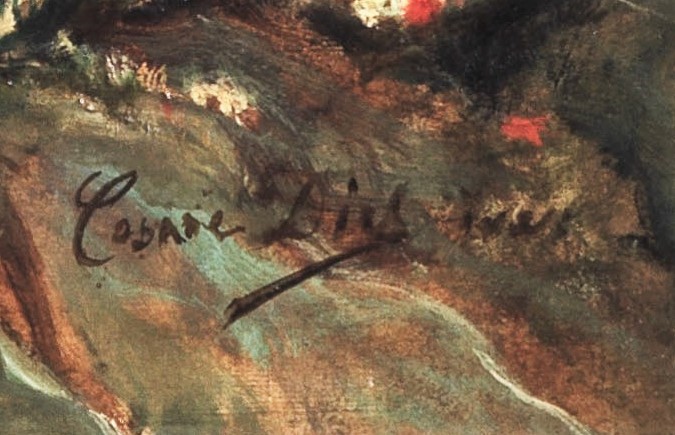Firmato in basso a destra e datato 1897 sul retro della tela. "Veduta della campagna romana con p...