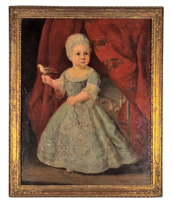 Pittore Genovese Inizio XVIII Secolo - Iscritto con la data di nascita Luglio 1768. "Ritratto di bambina con uccellino", dipinto ad olio su tela