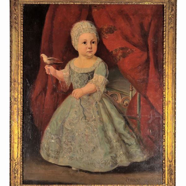 Pittore Genovese Inizio XVIII Secolo - Iscritto con la data di nascita Luglio 1768. "Ritratto di bambina con uccellino", dipinto ad olio su tela