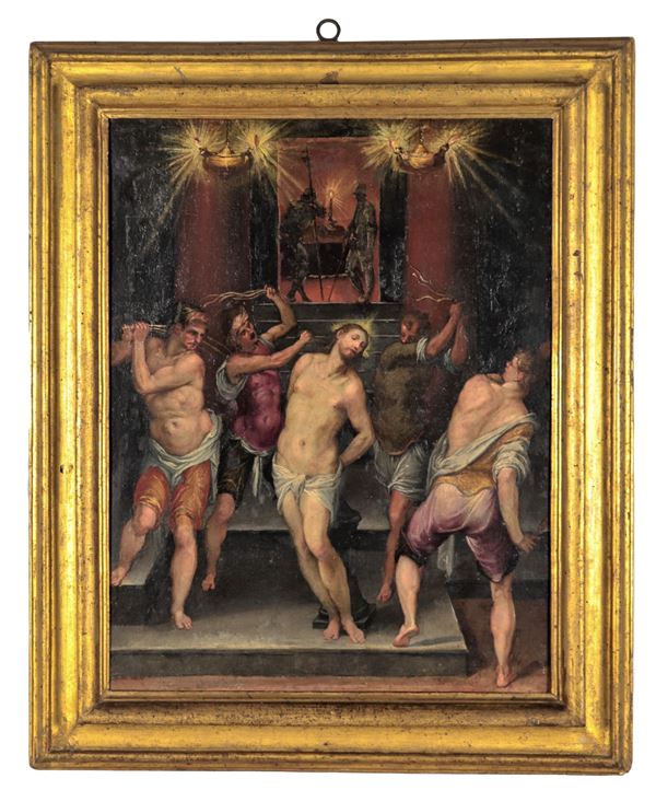 Pittore Veneto Inizio XVIII Secolo - "La Flagellazione di Cristo" dipinto ad olio su tela di ottima esecuzione pittorica