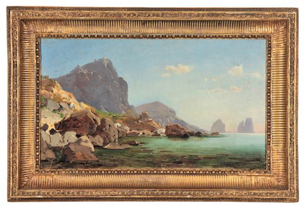 Pittore Italiano Inizio XIX Secolo - "Veduta dei Faraglioni a Capri da Marina Piccola", luminoso dipinto ad olio su tela di brillante contrasto cromatico