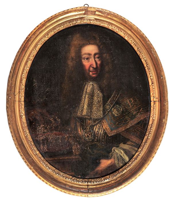 Maestro Inglese Fine XVII-Inizio XVIII Secolo - "Portrait of a gentleman", oval oil painting on canvas