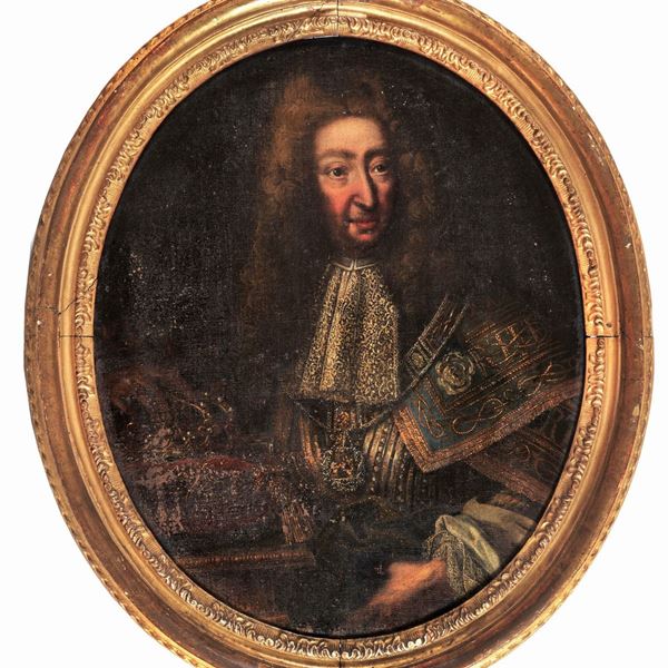 Maestro Inglese Fine XVII-Inizio XVIII Secolo - "Ritratto di gentiluomo", dipinto ovale ad olio su tela 