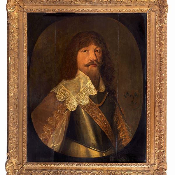 Scuola Lombarda XVII Secolo - "Ritratto di nobiluomo con armatura", dipinto ad olio su tavola