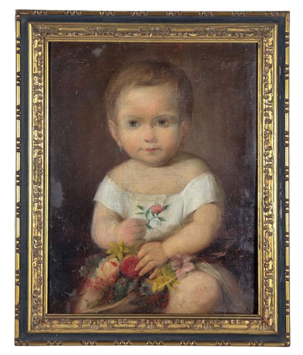 Scuola Toscana Fine XVIII Secolo - "Ritratto di bambina con rosa", dipinto ad olio su tela
