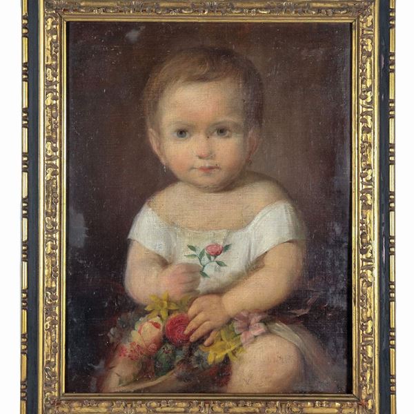 Scuola Toscana Fine XVIII Secolo - "Ritratto di bambina con rosa", dipinto ad olio su tela