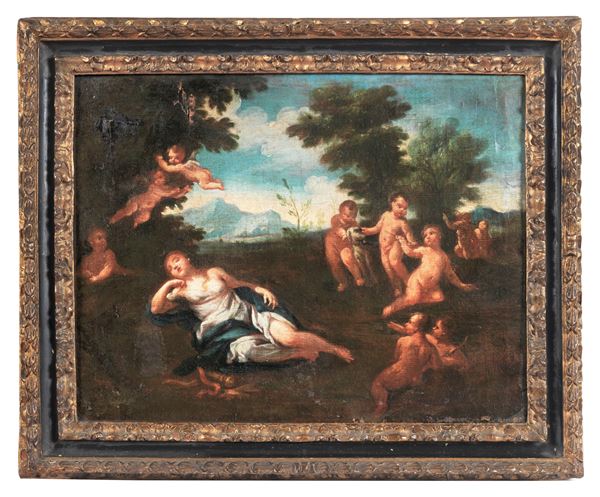 Pittore Bolognese Seconda Met&#224; XVII Secolo - "Venere dormiente con amorini", dipinto ad olio su tela 