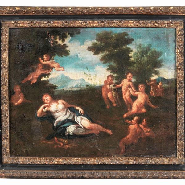 Pittore Bolognese Seconda Met&#224; XVII Secolo - "Venere dormiente con amorini", dipinto ad olio su tela 