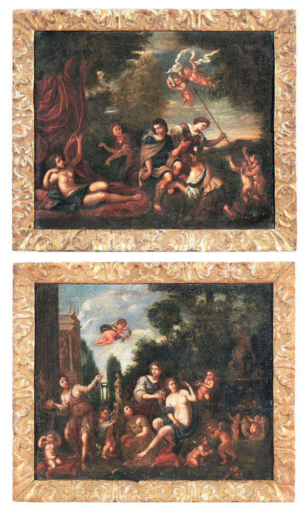 Giulio Carpioni - Seguace di. "Venere e Adone" e "La toletta di Venere", coppia di dipinti ad olio su tela di pregevole esecuzione pittorica