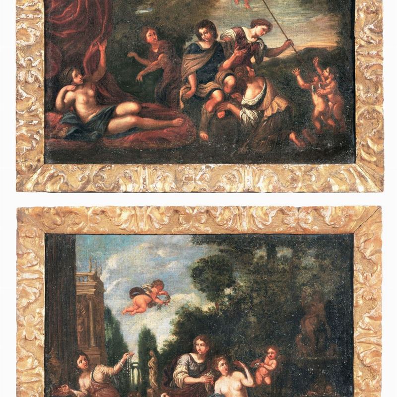 Seguace di. "Venere e Adone" e "La toletta di Venere", coppia di dipinti ad olio su tela di prege...