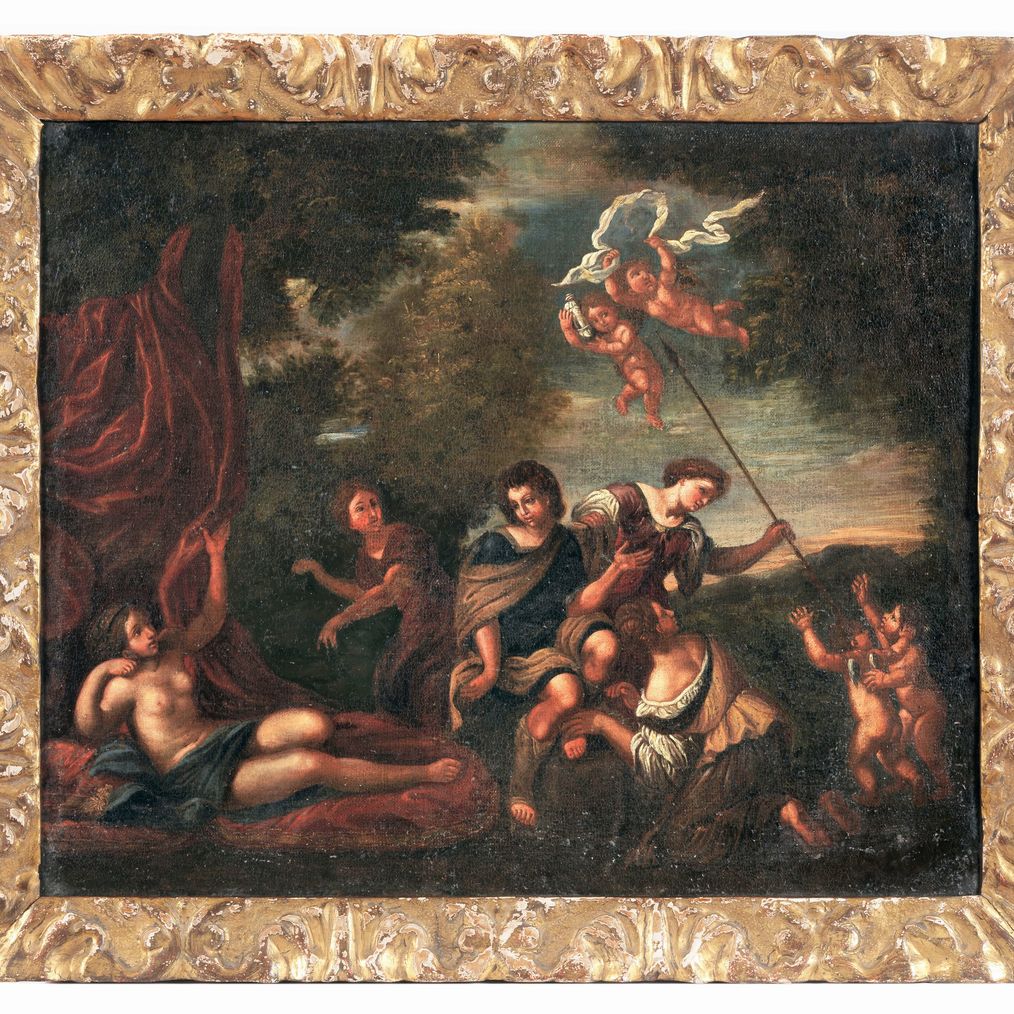 Seguace di. "Venere e Adone" e "La toletta di Venere", coppia di dipinti ad olio su tela di prege...