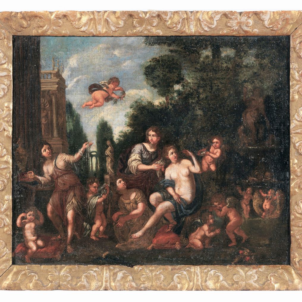 Seguace di. "Venere e Adone" e "La toletta di Venere", coppia di dipinti ad olio su tela di prege...